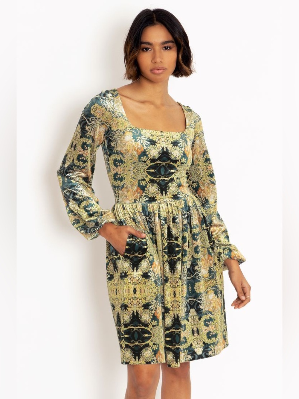 Blackmilk Green & Gold Square-Neck Long Sleeve Printed Dress